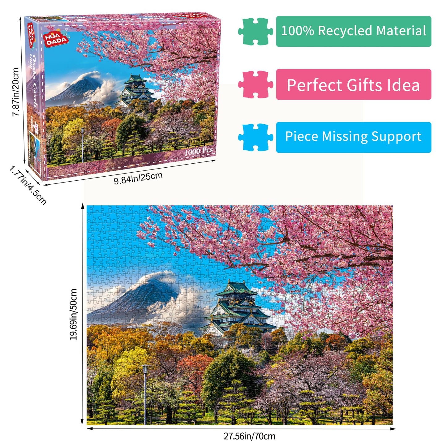 HUADADA 1000-Piece Puzzle: Cherry Blossoms at Osaka Castle – Jigsaw for Adults & Kids