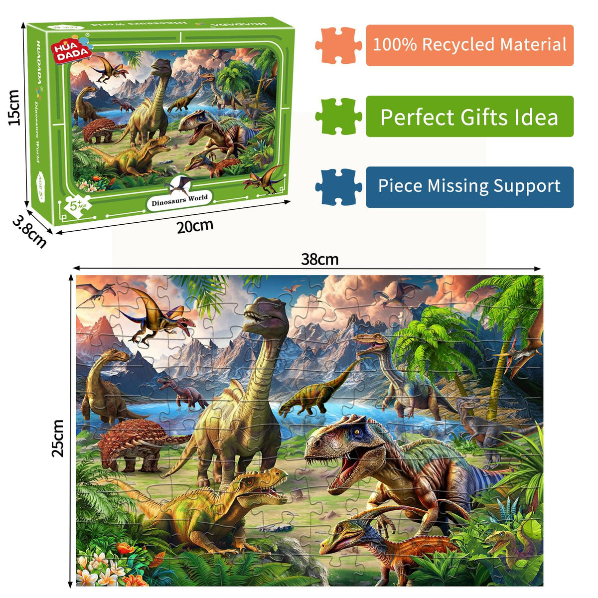 HUADADA Dinosaur World 100-Piece Puzzle for Kids 5-8 – Educational Toy Gift (15x10 inches)