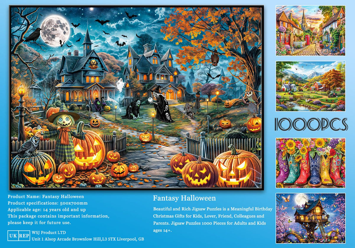 HUADADA Halloween Puzzle 1000 Pieces – Bats, Full Moon & Haunted House