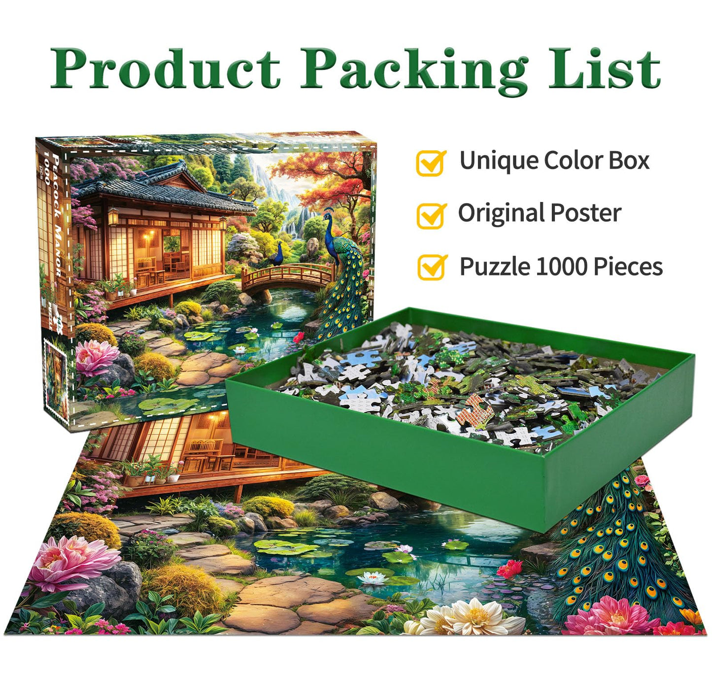 HUADADA 1000-Piece Puzzle: Traditional Japanese Garden with Peacocks | Colorful Jigsaw for Adults & Kids