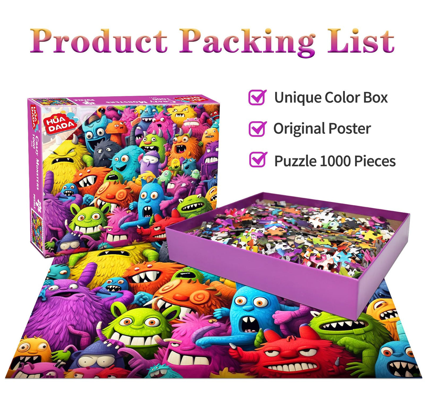 HUADADA 1000-Piece Jigsaw Puzzle for Adults – Crazy Colorful Monsters Artwork