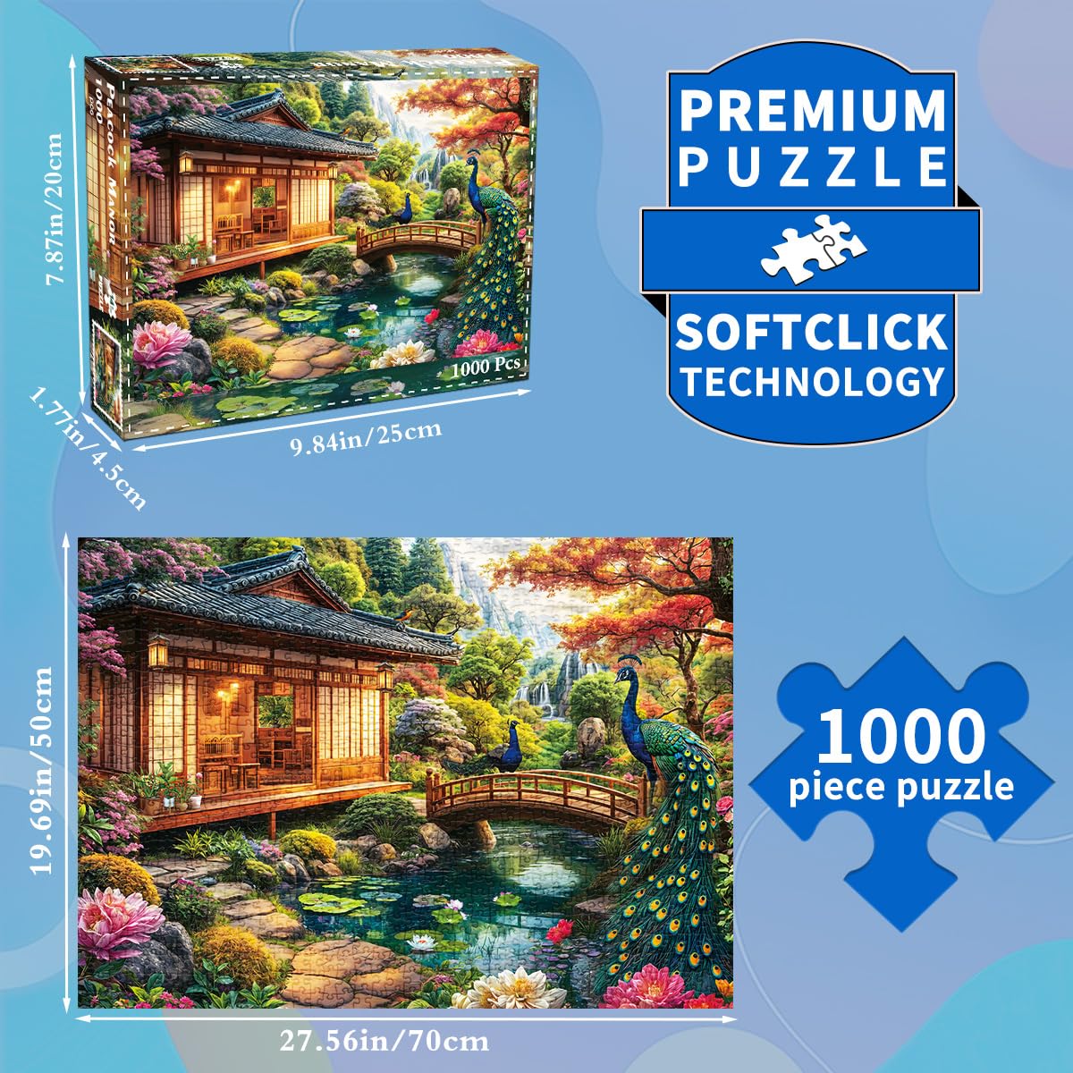 HUADADA 1000-Piece Puzzle: Traditional Japanese Garden with Peacocks | Colorful Jigsaw for Adults & Kids