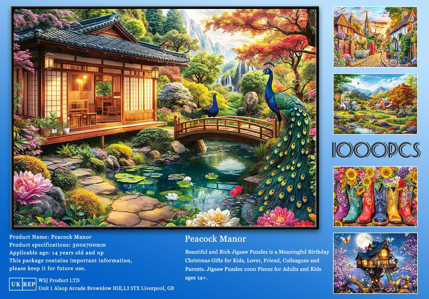 HUADADA 1000-Piece Puzzle: Traditional Japanese Garden with Peacocks | Colorful Jigsaw for Adults & Kids