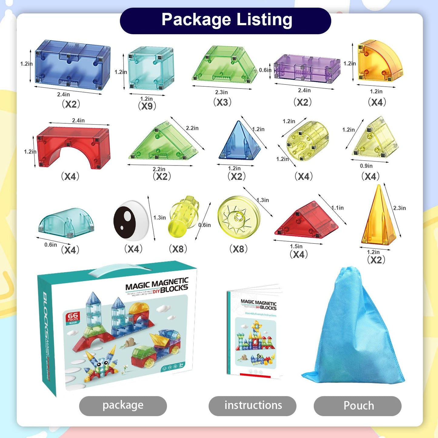 Huaker Magnetic Blocks - 66-Piece Translucent STEM Building Toy for Kids 3+