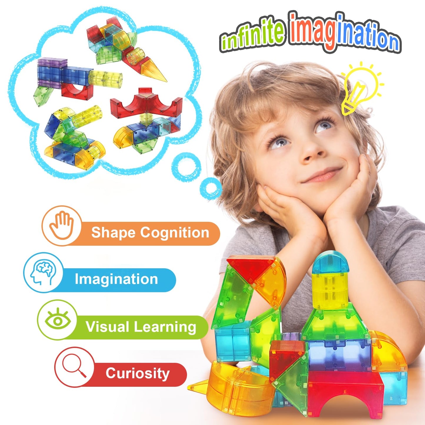 Huaker Magnetic Blocks - 66-Piece Translucent STEM Building Toy for Kids 3+