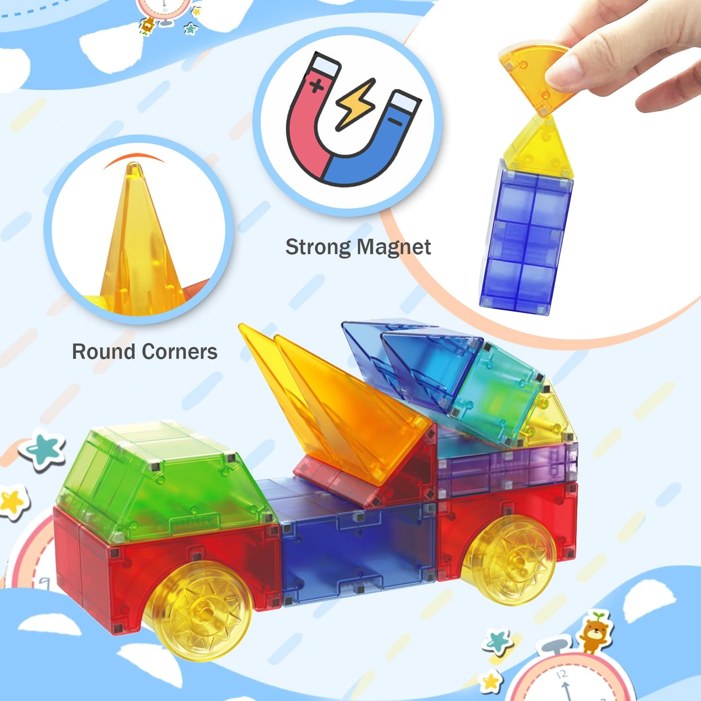 Huaker Magnetic Blocks - 66-Piece Translucent STEM Building Toy for Kids 3+