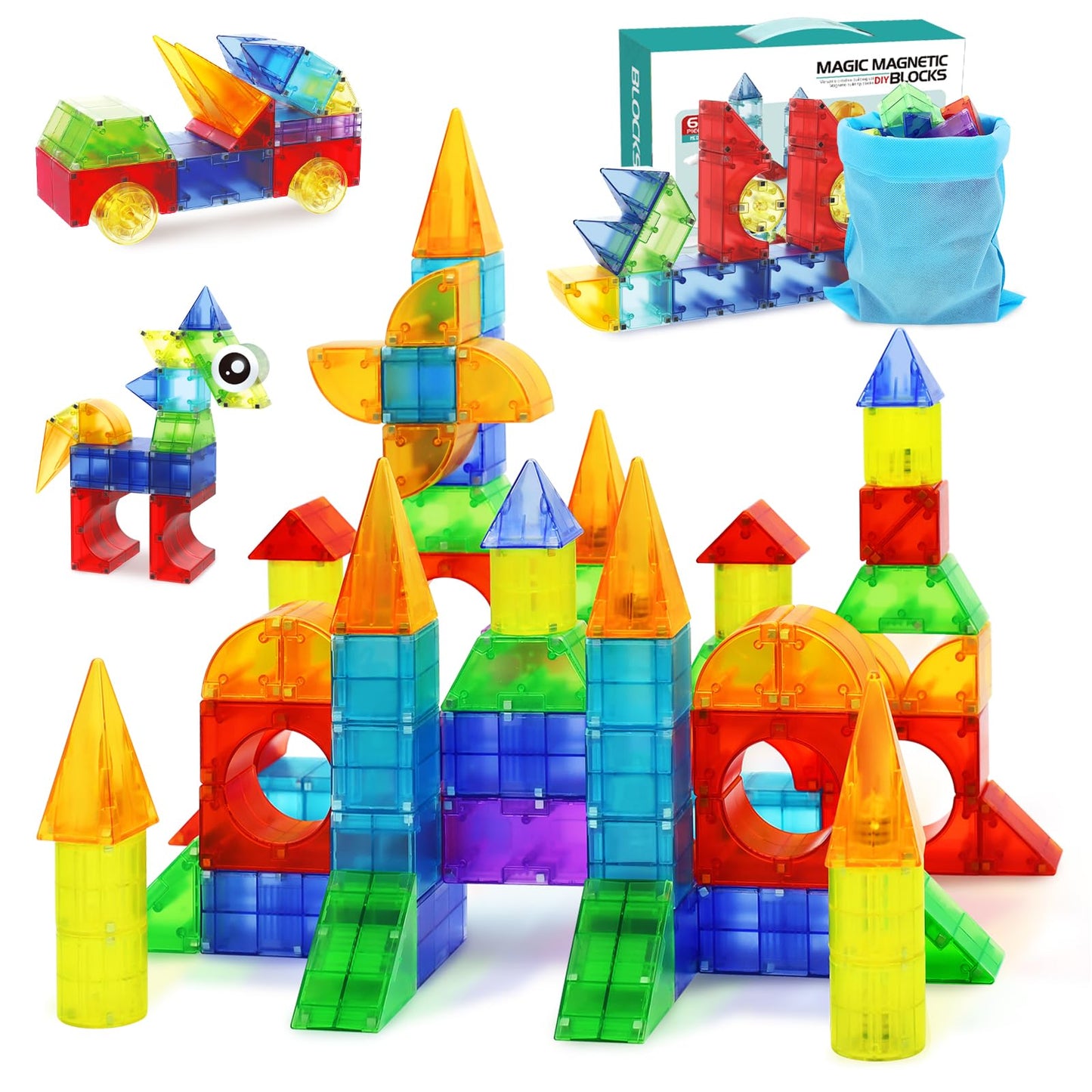 Huaker Magnetic Blocks - 66-Piece Translucent STEM Building Toy for Kids 3+