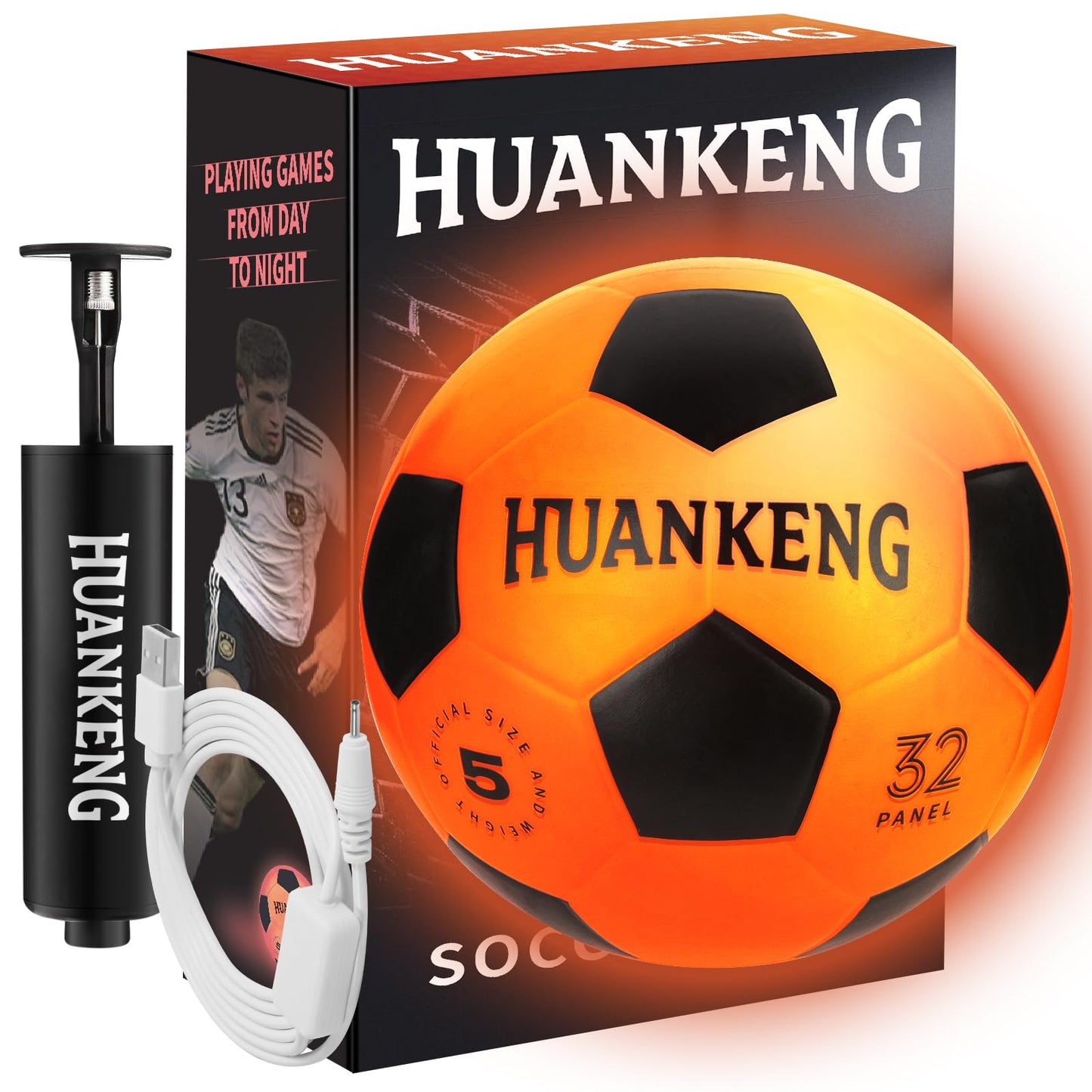 HuanKeng Glow in the Dark Soccer Ball – Rechargeable, Official Size 5, Night Play for Ages 6-15
