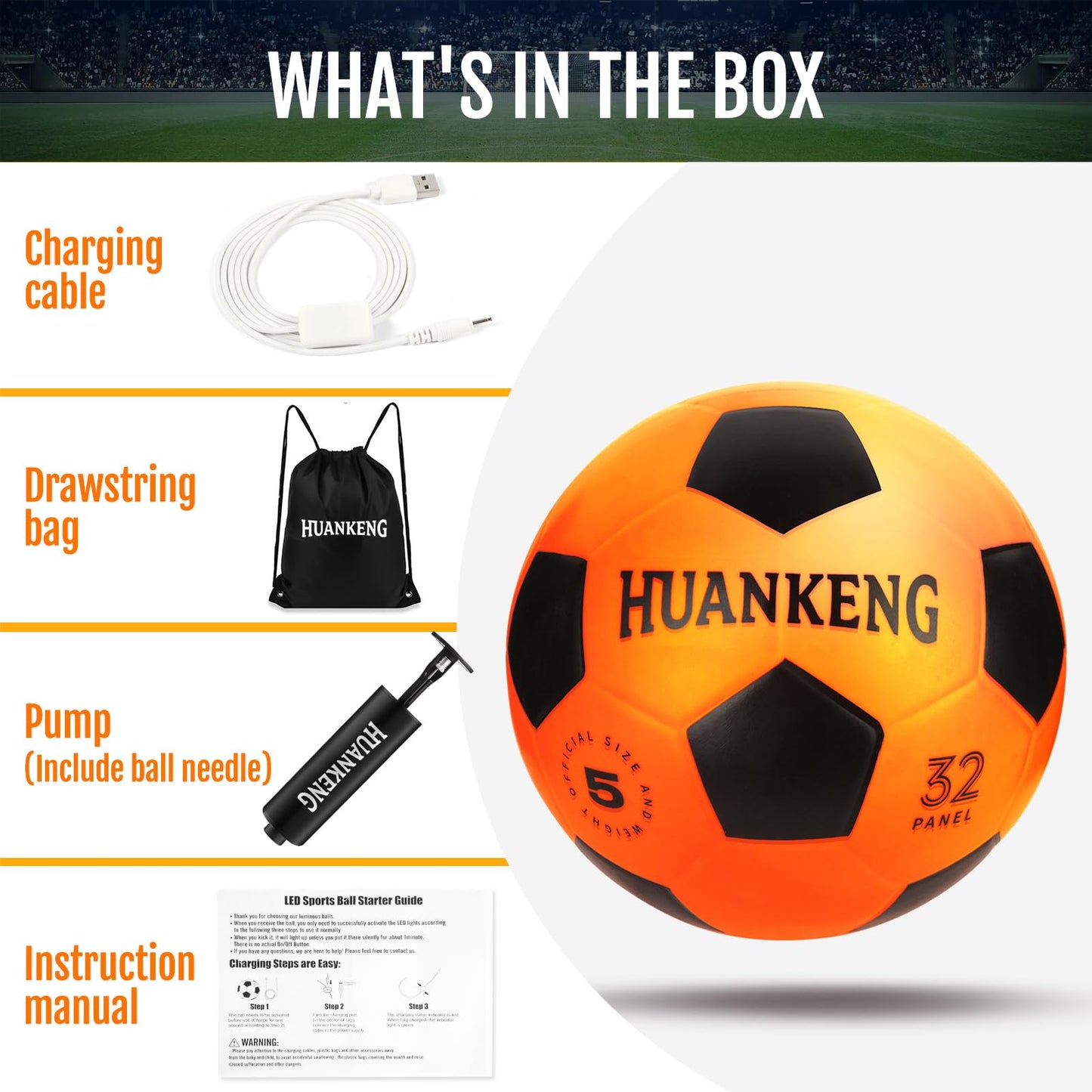 HuanKeng Glow in the Dark Soccer Ball – Rechargeable, Official Size 5, Night Play for Ages 6-15