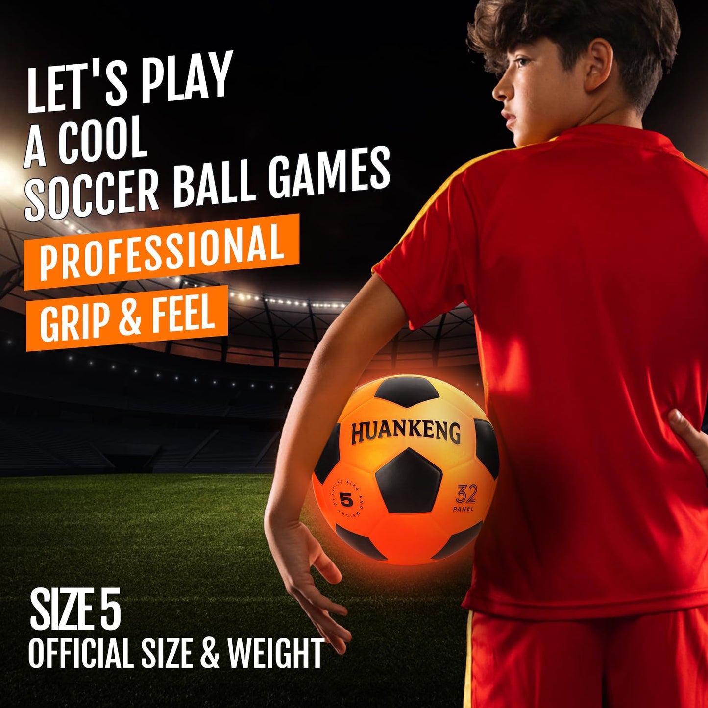 HuanKeng Glow in the Dark Soccer Ball – Rechargeable, Official Size 5, Night Play for Ages 6-15