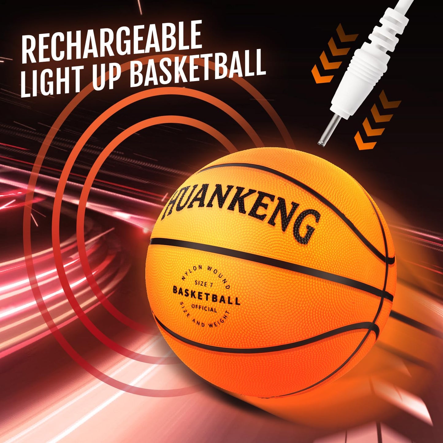 HuanKeng Glow-in-the-Dark Rechargeable Basketball — Official Size 7, USB-Charged Night Play Ball for Ages 6-15