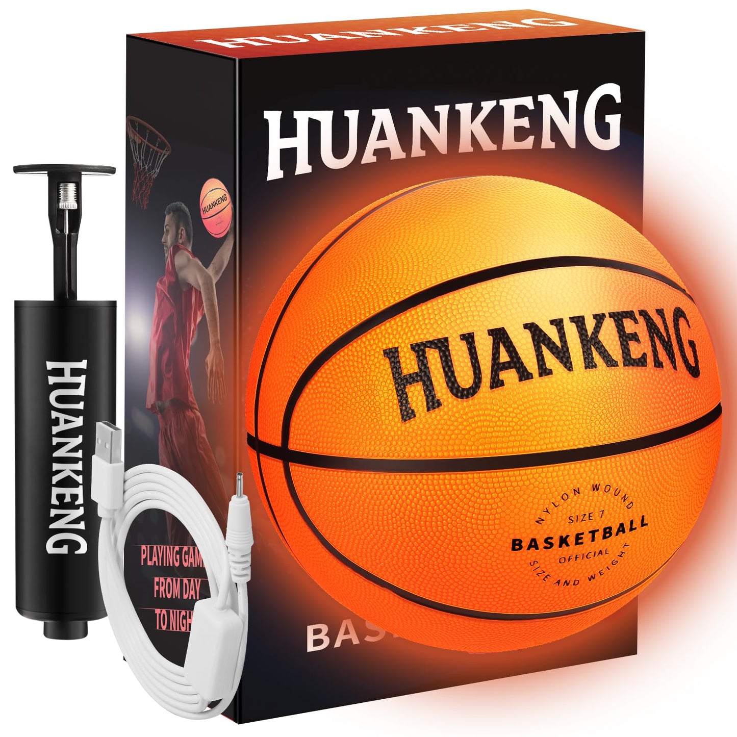 HuanKeng Glow-in-the-Dark Rechargeable Basketball — Official Size 7, USB-Charged Night Play Ball for Ages 6-15