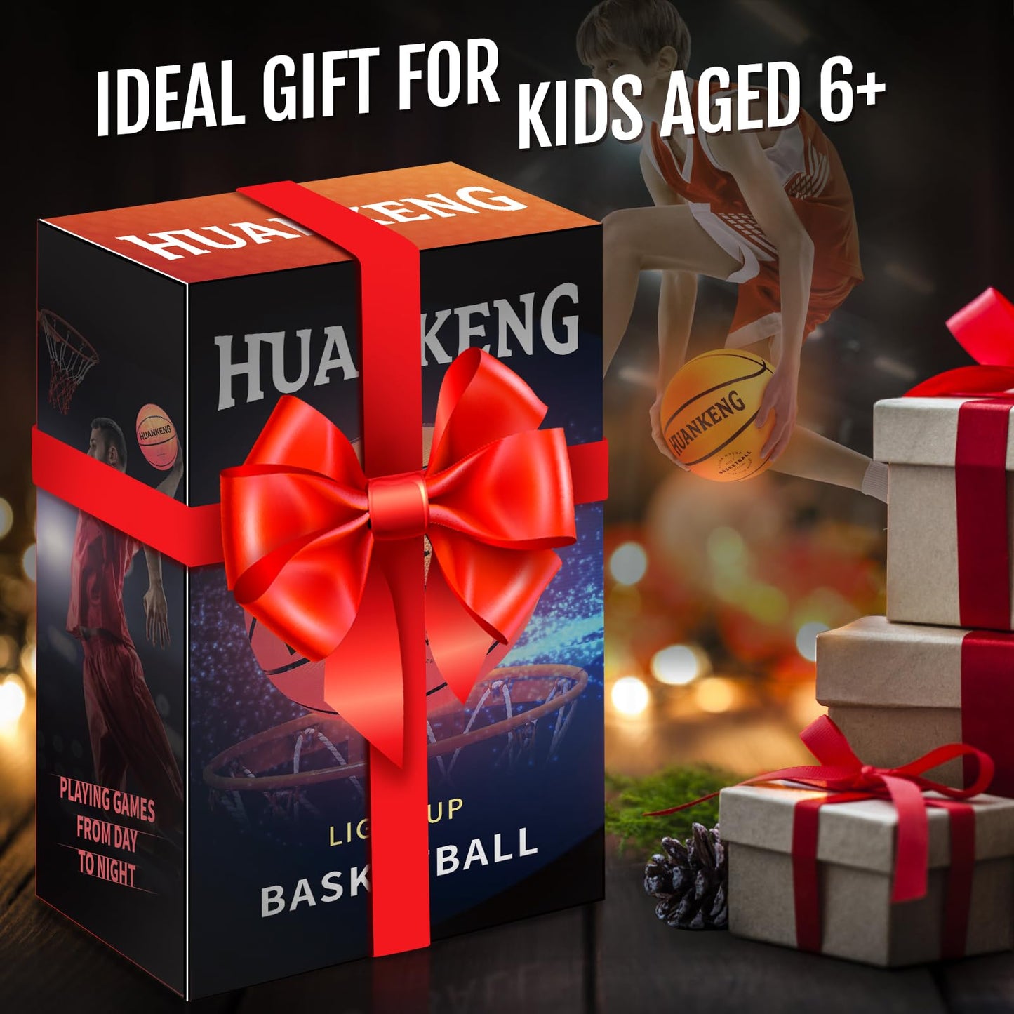 HuanKeng Glow-in-the-Dark Rechargeable Basketball — Official Size 7, USB-Charged Night Play Ball for Ages 6-15