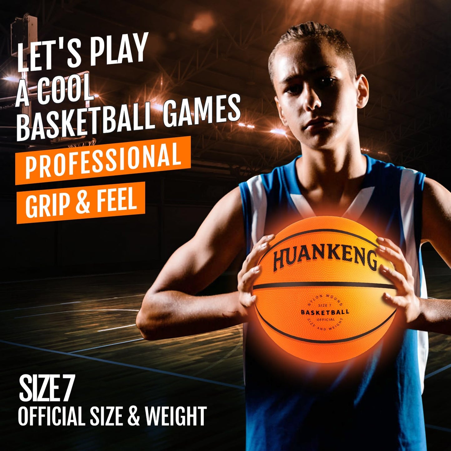 HuanKeng Glow-in-the-Dark Rechargeable Basketball — Official Size 7, USB-Charged Night Play Ball for Ages 6-15