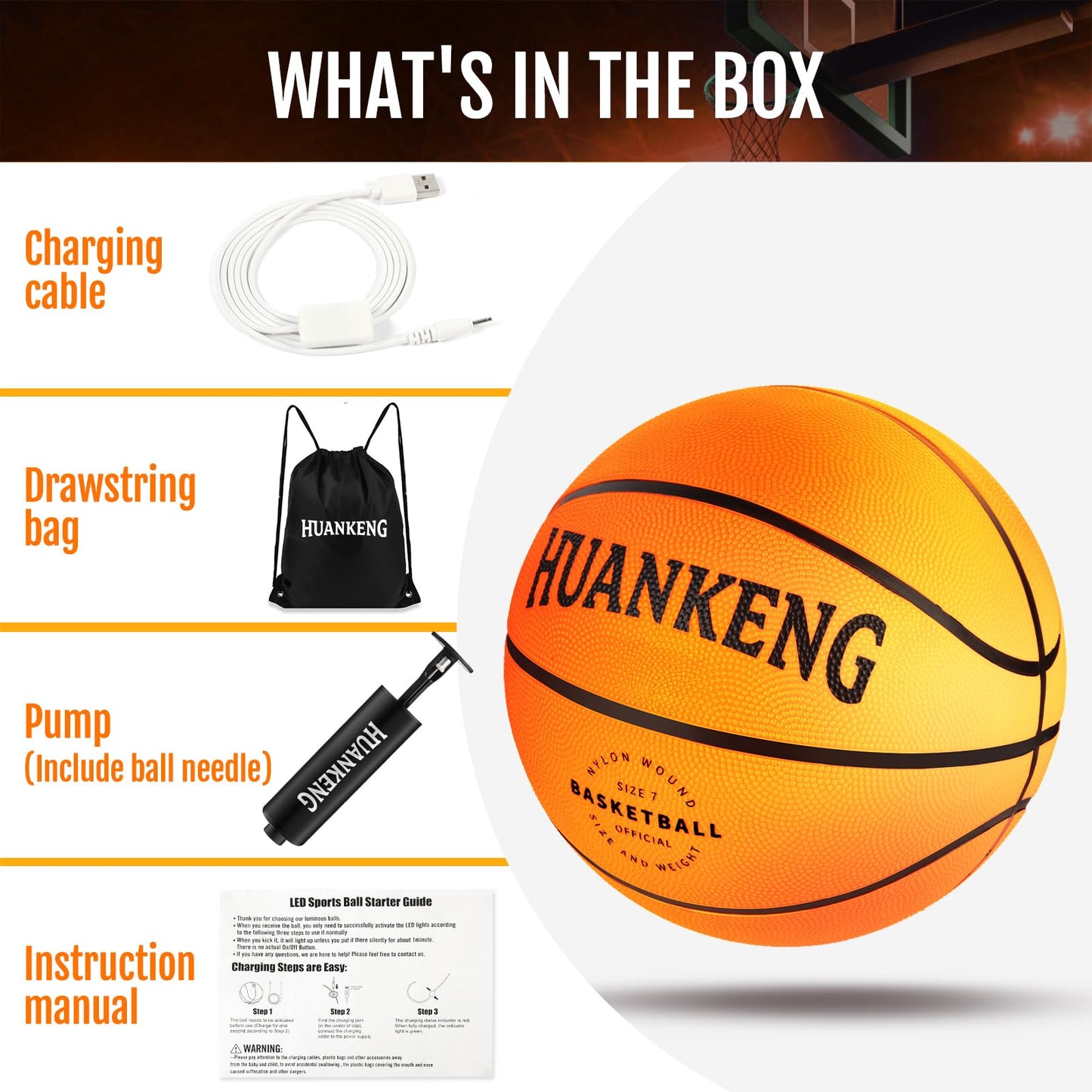 HuanKeng Glow-in-the-Dark Rechargeable Basketball — Official Size 7, USB-Charged Night Play Ball for Ages 6-15