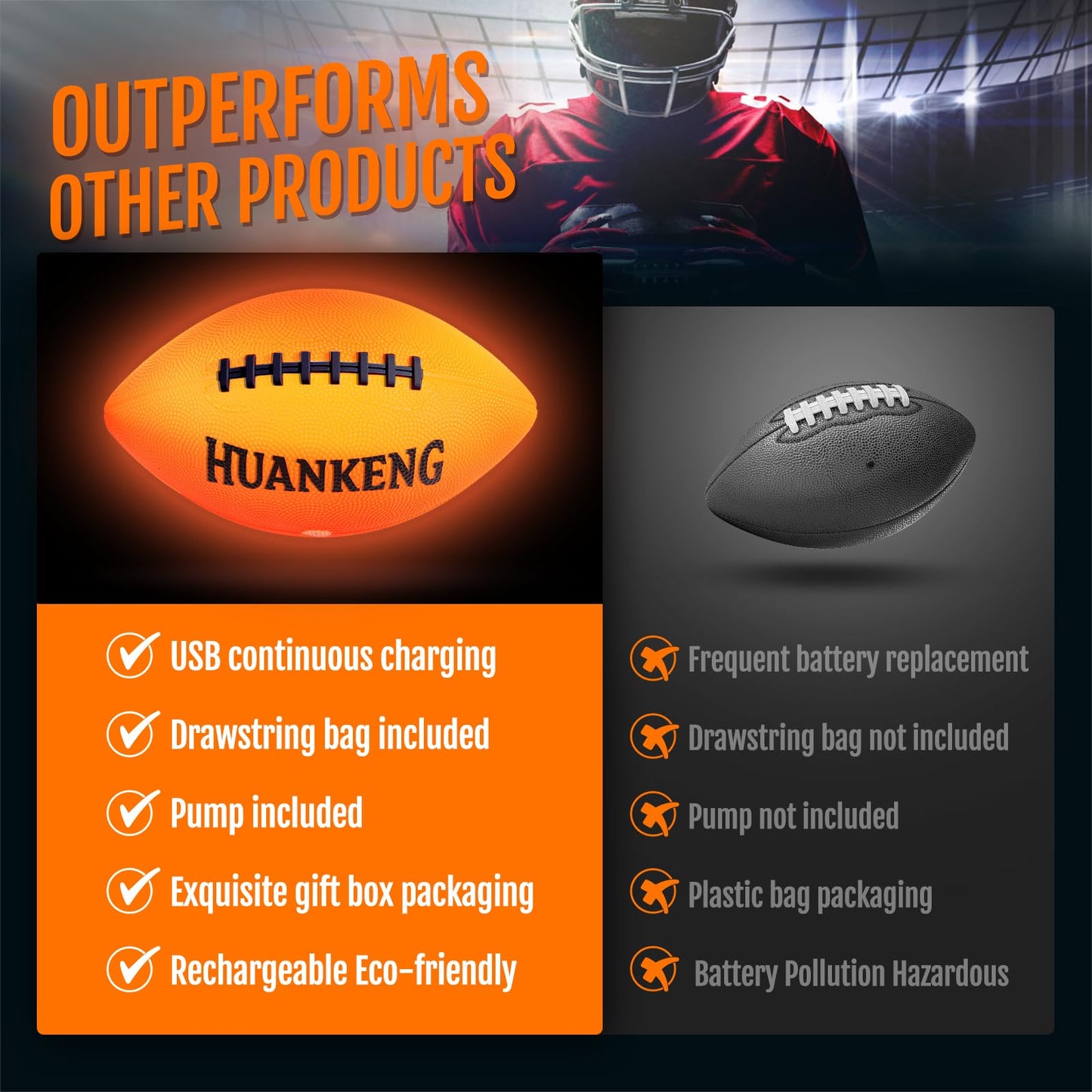 HuanKeng Upgrade Rechargeable Glow in the Dark Football – Night Play for Ages 6–15 (Size 6)