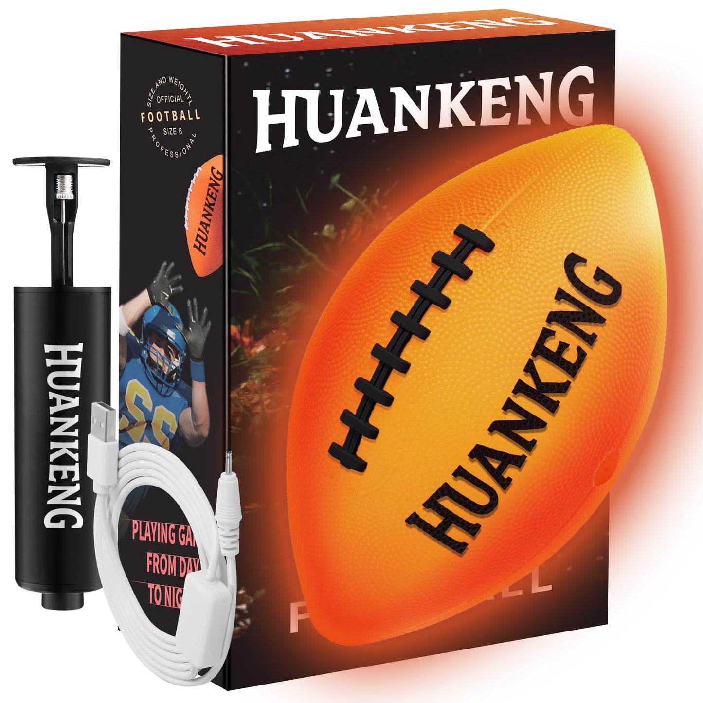 HuanKeng Upgrade Rechargeable Glow in the Dark Football – Night Play for Ages 6–15 (Size 6)
