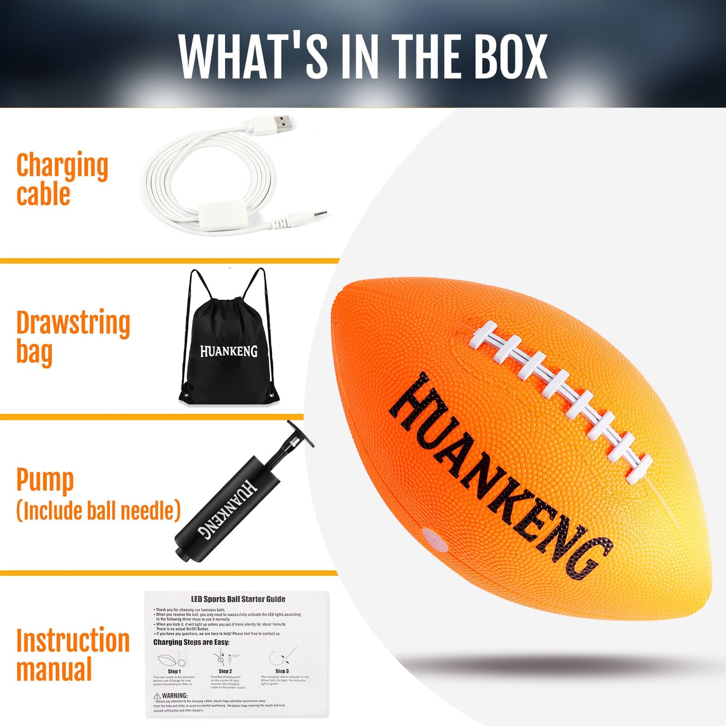 HuanKeng Upgrade Rechargeable Glow in the Dark Football – Night Play for Ages 6–15 (Size 6)