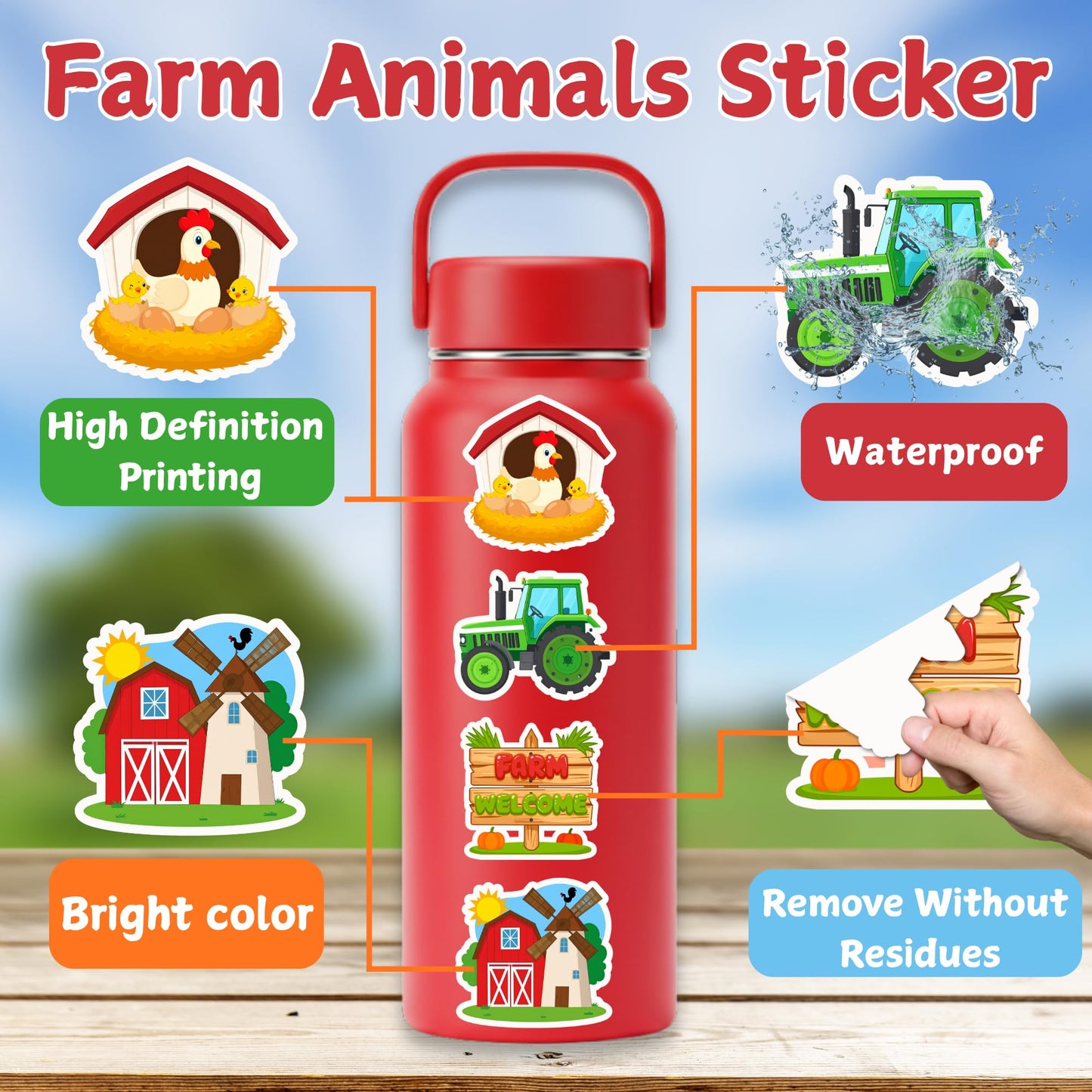 100 Pcs Farm Animal Stickers for Kids | Waterproof Vinyl | HUBACHTEM