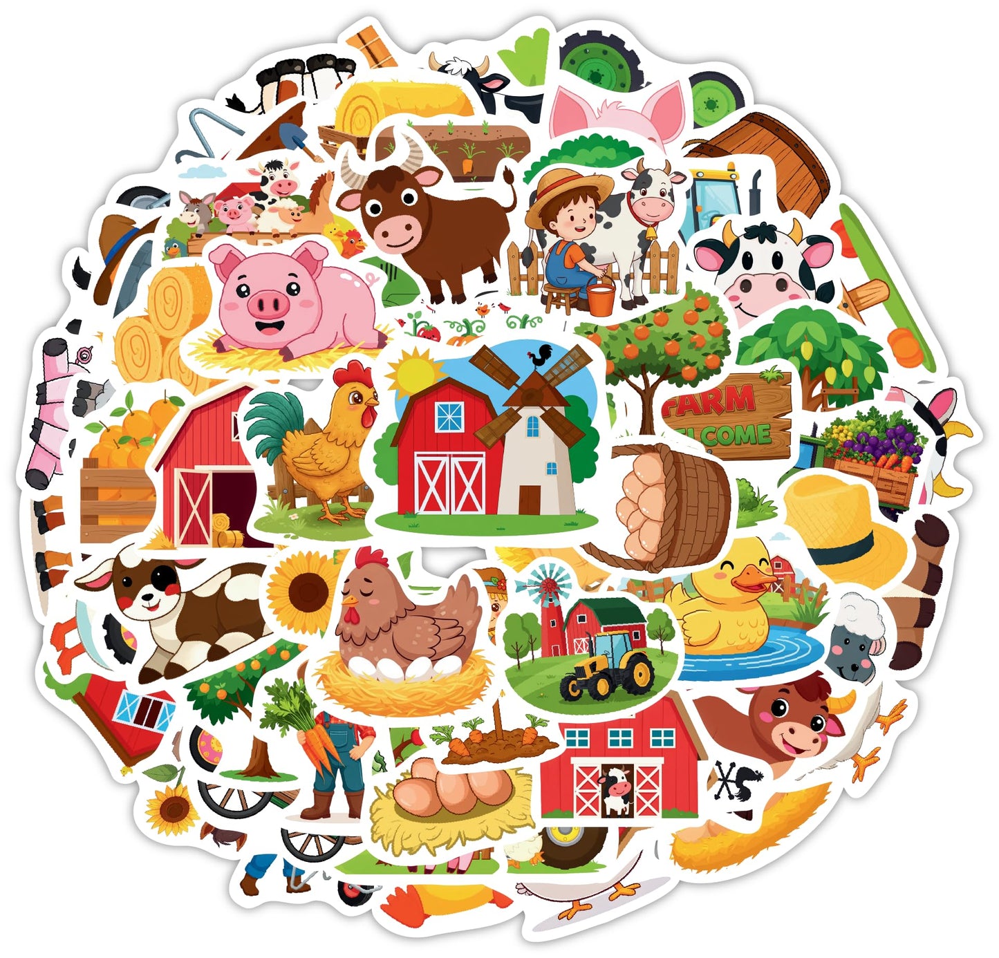 100 Pcs Farm Animal Stickers for Kids | Waterproof Vinyl | HUBACHTEM