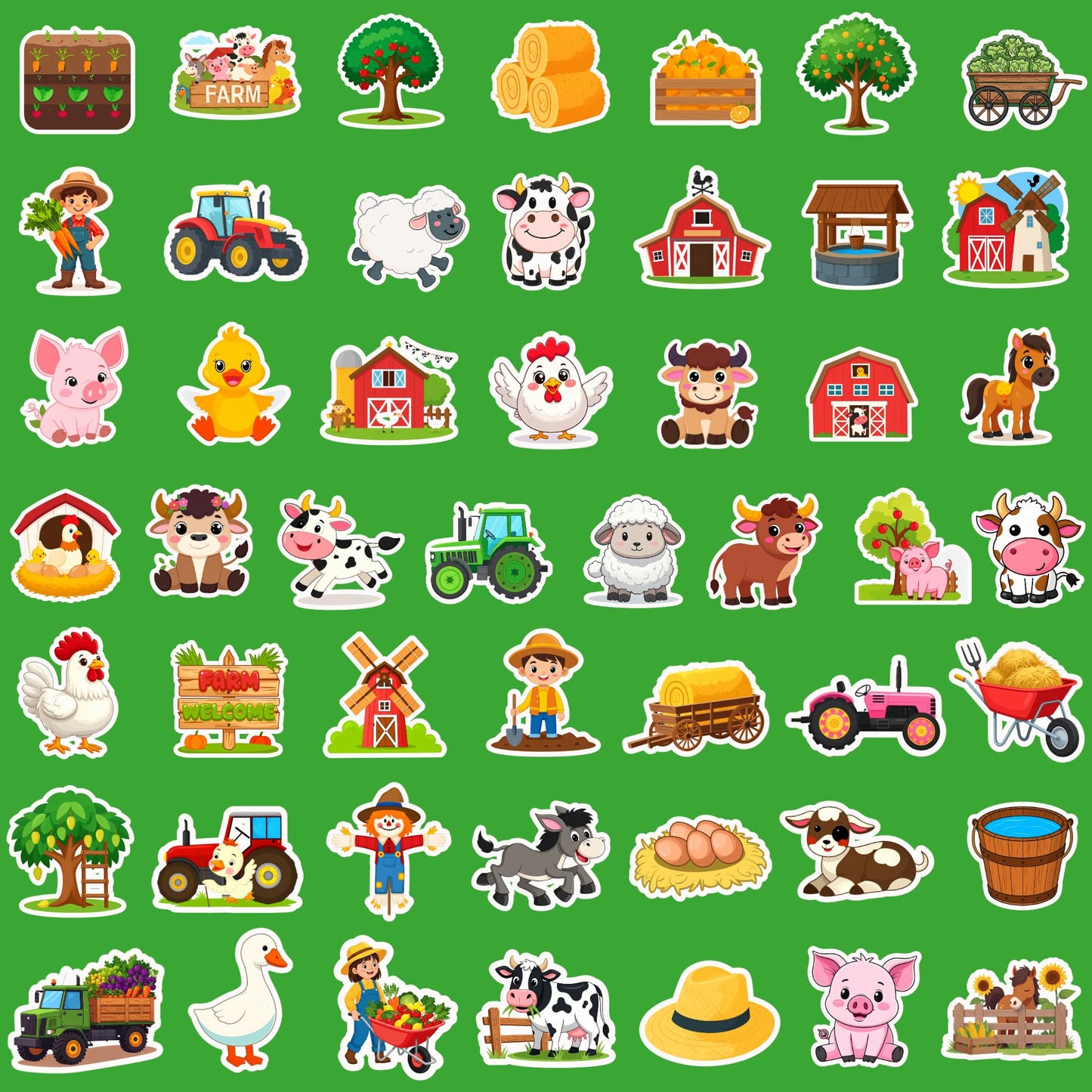 100 Pcs Farm Animal Stickers for Kids | Waterproof Vinyl | HUBACHTEM