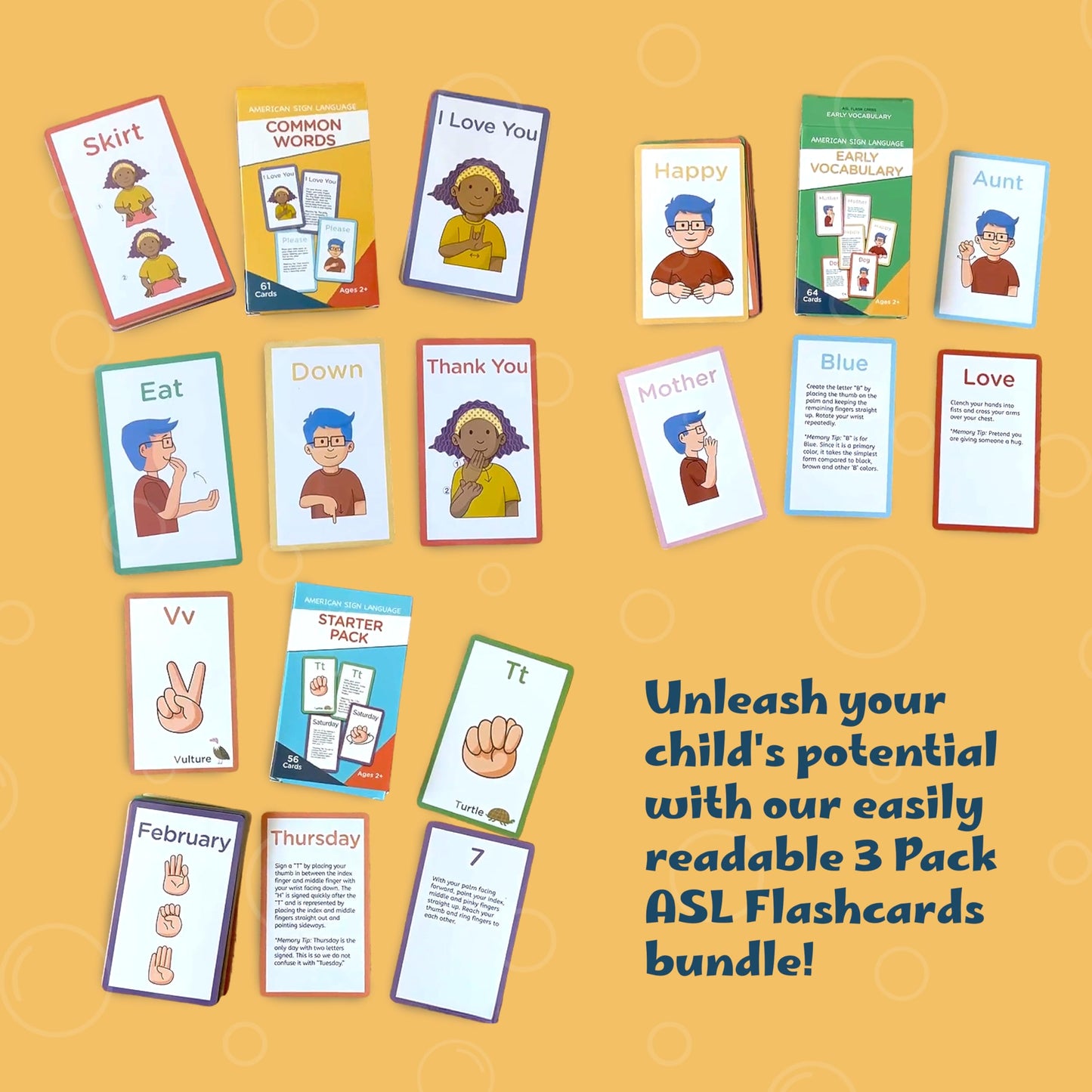 Hubble Bubble Kids American Sign Language Cards for Toddlers – 180 Beginner Sign Language Flash Cards