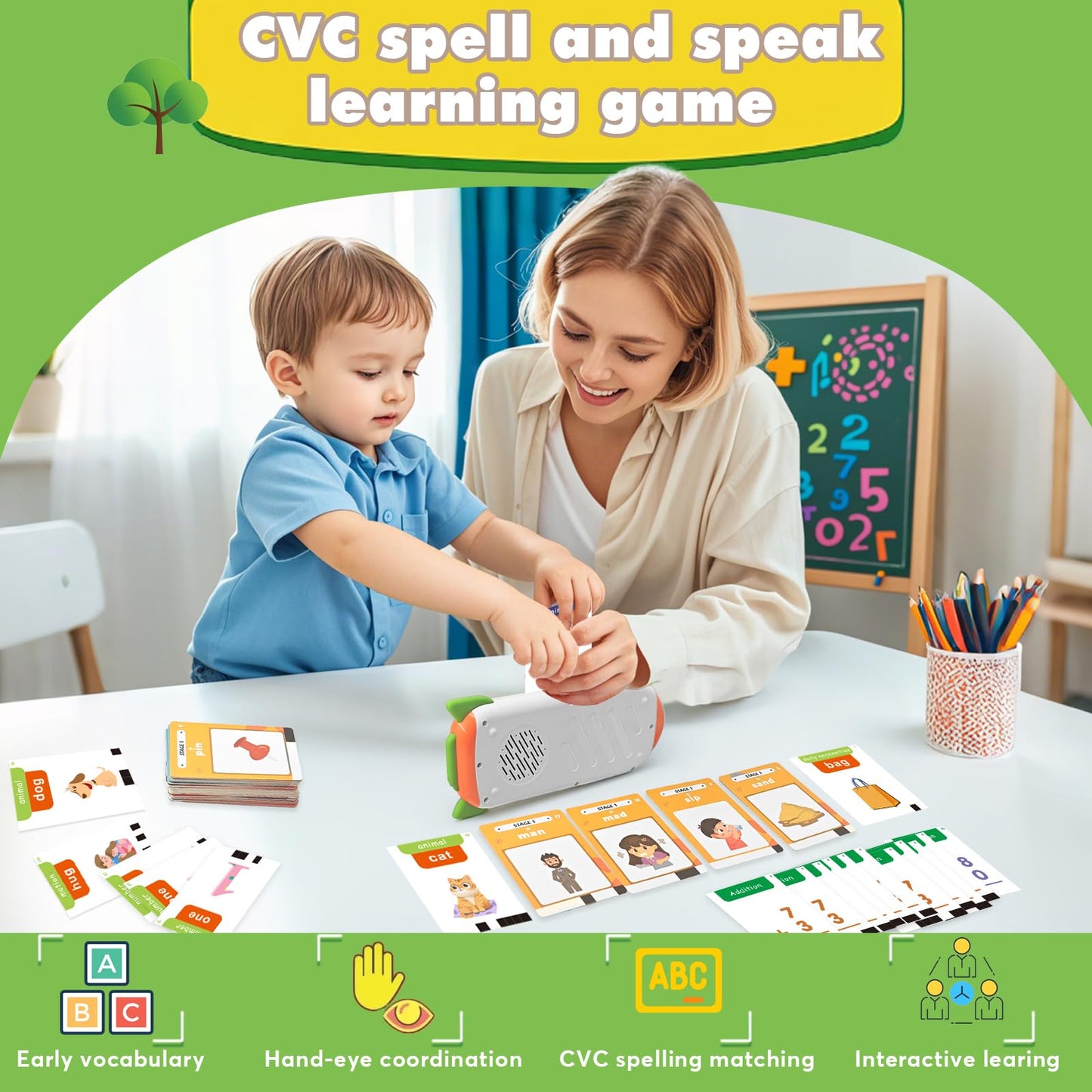 HUBFIVY Alphabet Talking Flash Cards & Math Games for Kids 2-8 | 56 Math Cards & 106 CVC Word Games