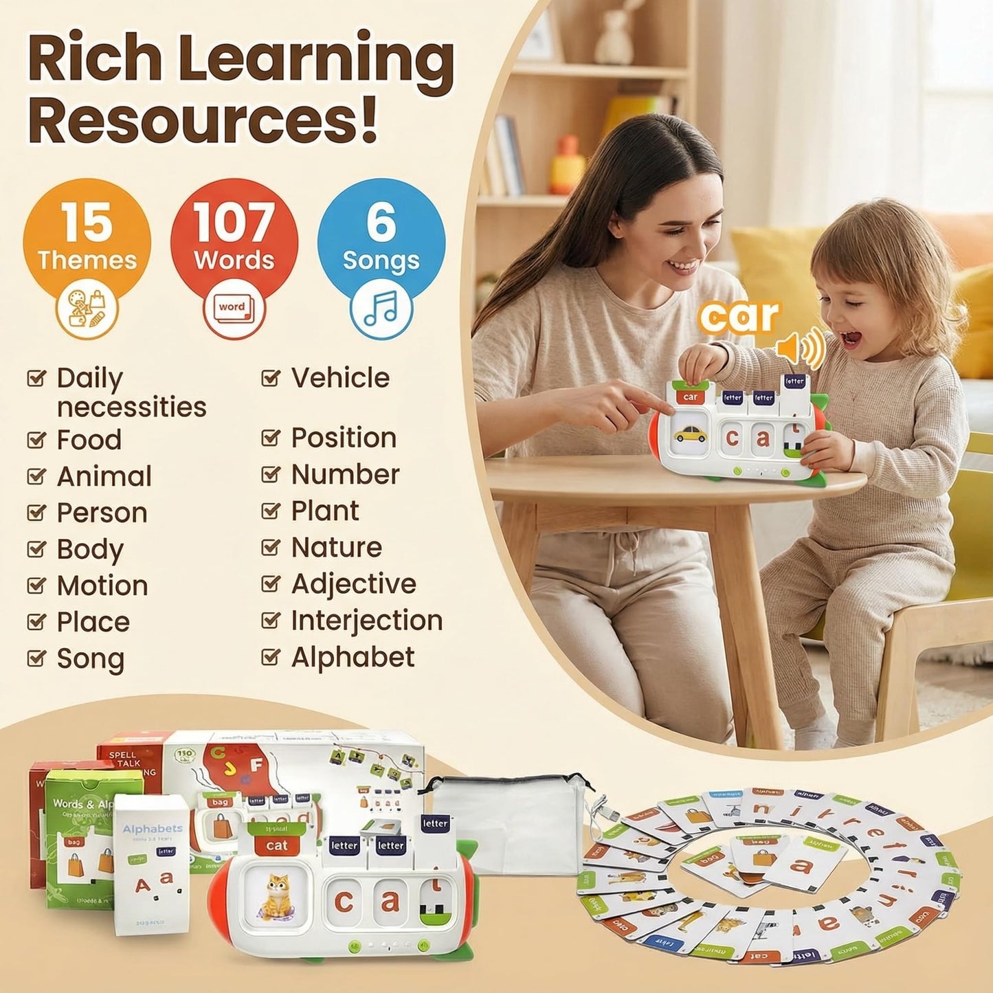 HUBFIVY Talking Flash Cards for Toddlers | 107 Sight Words & Alphabet Phonics