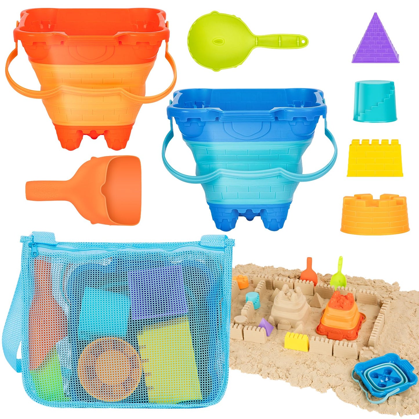 HUGCATY Beach Toys 9pc Collapsible Sand Castle Kit | Travel Sand Buckets, Shovels & Molds for Ages 3-12