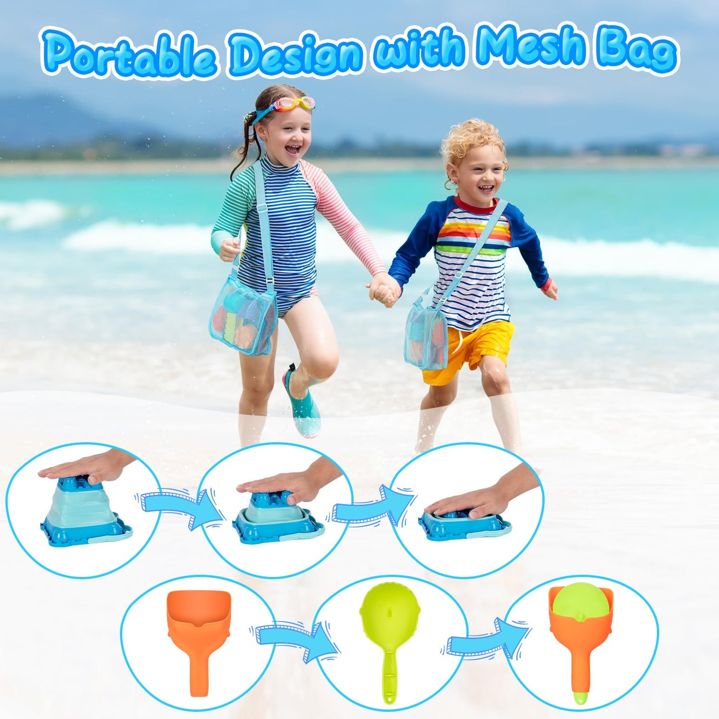 HUGCATY Beach Toys 9pc Collapsible Sand Castle Kit | Travel Sand Buckets, Shovels & Molds for Ages 3-12