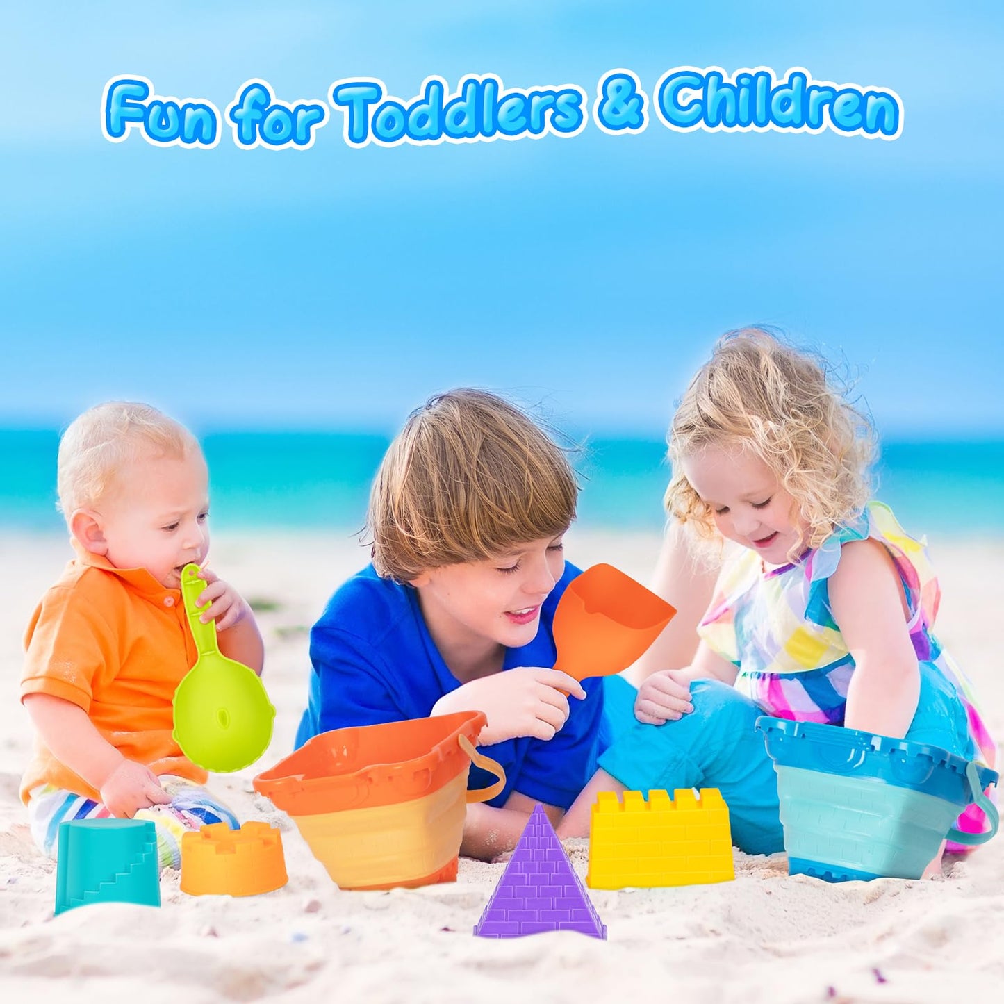 HUGCATY Beach Toys 9pc Collapsible Sand Castle Kit | Travel Sand Buckets, Shovels & Molds for Ages 3-12