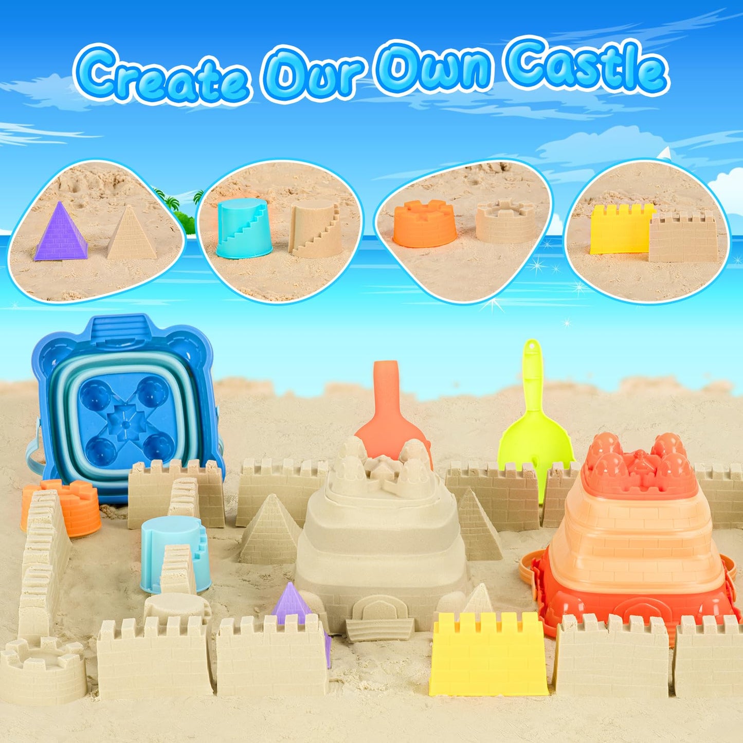 HUGCATY Beach Toys 9pc Collapsible Sand Castle Kit | Travel Sand Buckets, Shovels & Molds for Ages 3-12