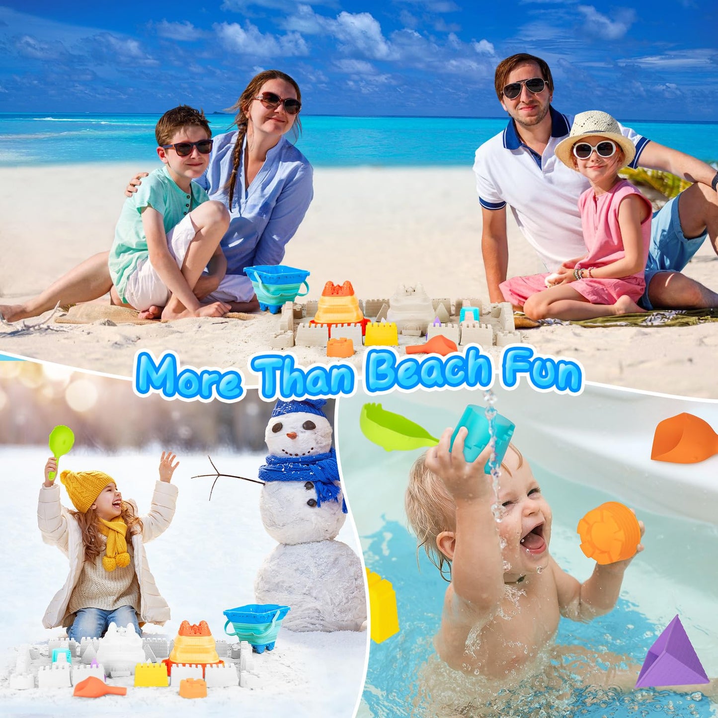 HUGCATY Beach Toys 9pc Collapsible Sand Castle Kit | Travel Sand Buckets, Shovels & Molds for Ages 3-12