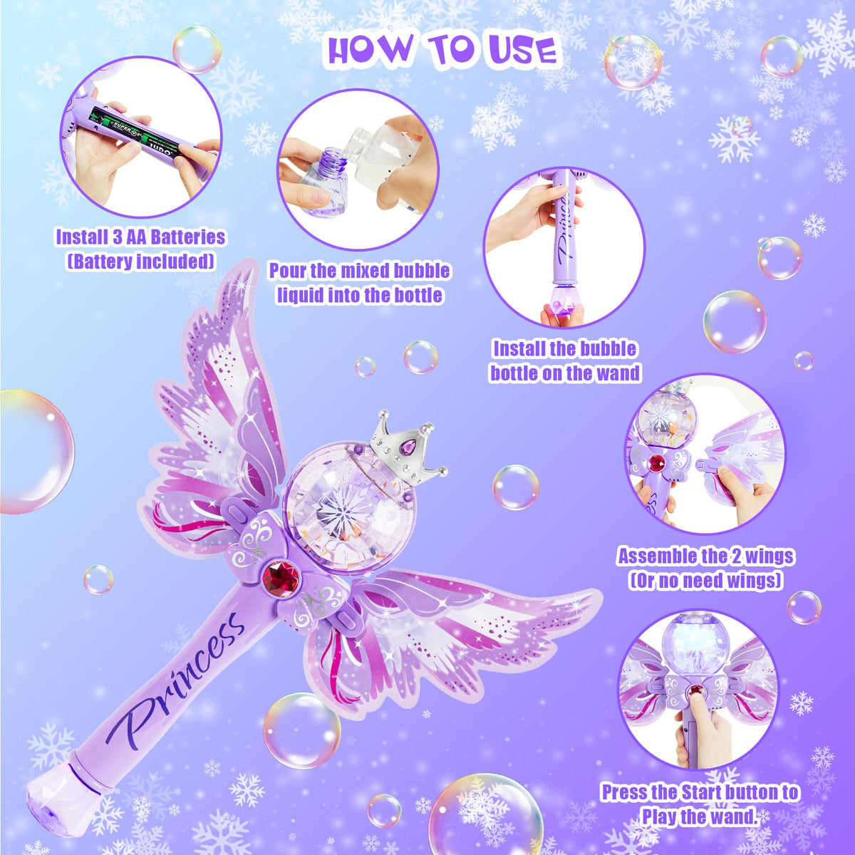 Hugeway Princess Bubble Wands - Light Up & Musical Bubble Machine for Kids