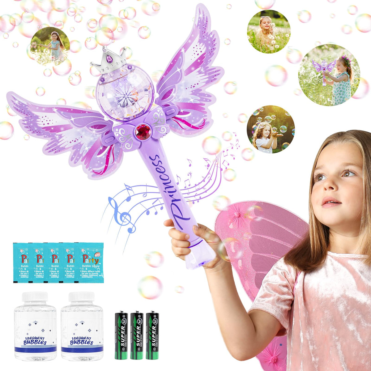 Hugeway Princess Bubble Wands - Light Up & Musical Bubble Machine for Kids
