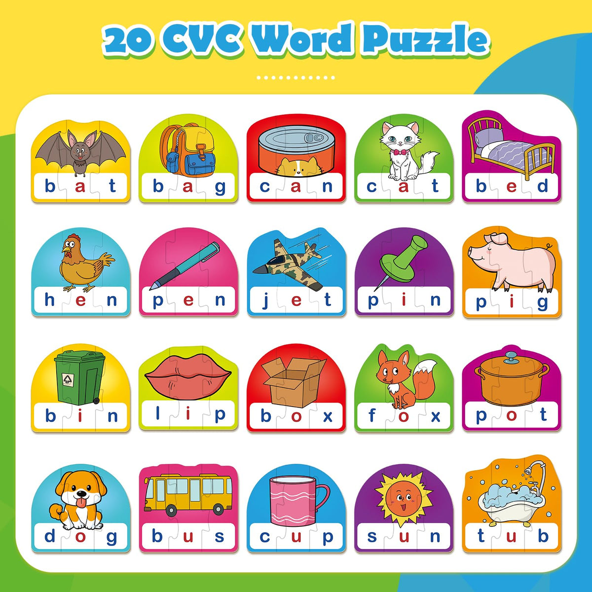 HugHush CVC Puzzle Cards — 60 Pieces of 3-Letter Word Games for Reading & Phonics