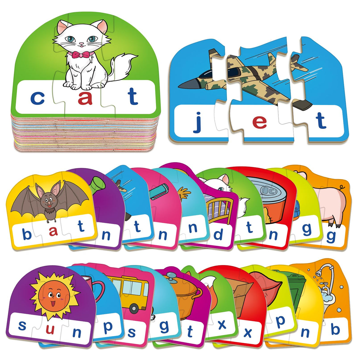 HugHush CVC Puzzle Cards — 60 Pieces of 3-Letter Word Games for Reading & Phonics