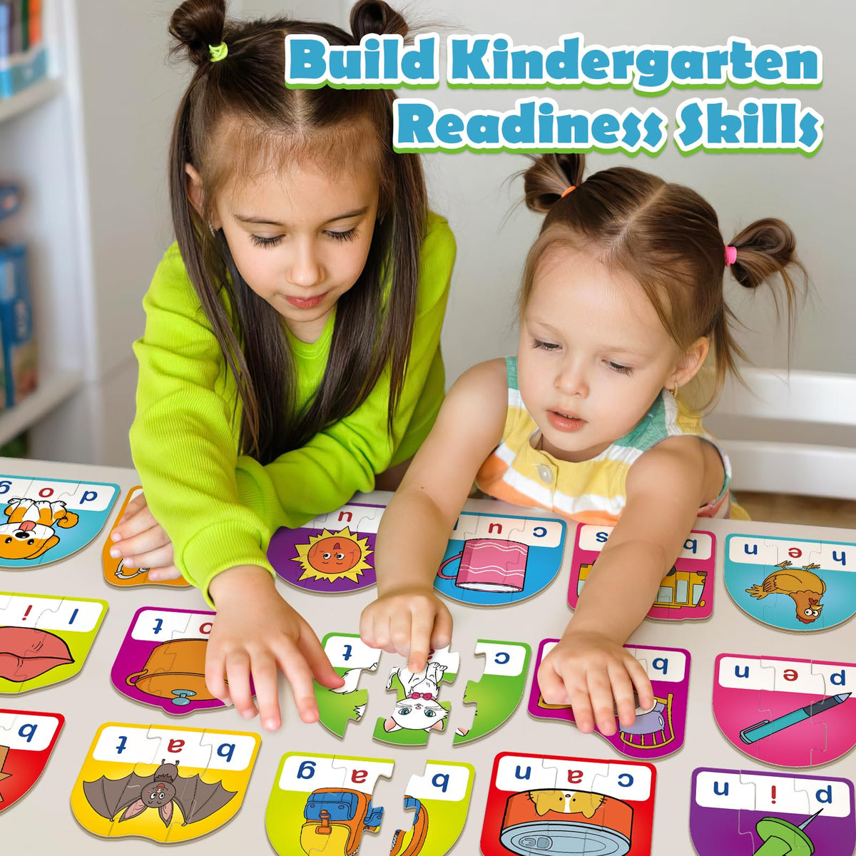 HugHush CVC Puzzle Cards — 60 Pieces of 3-Letter Word Games for Reading & Phonics