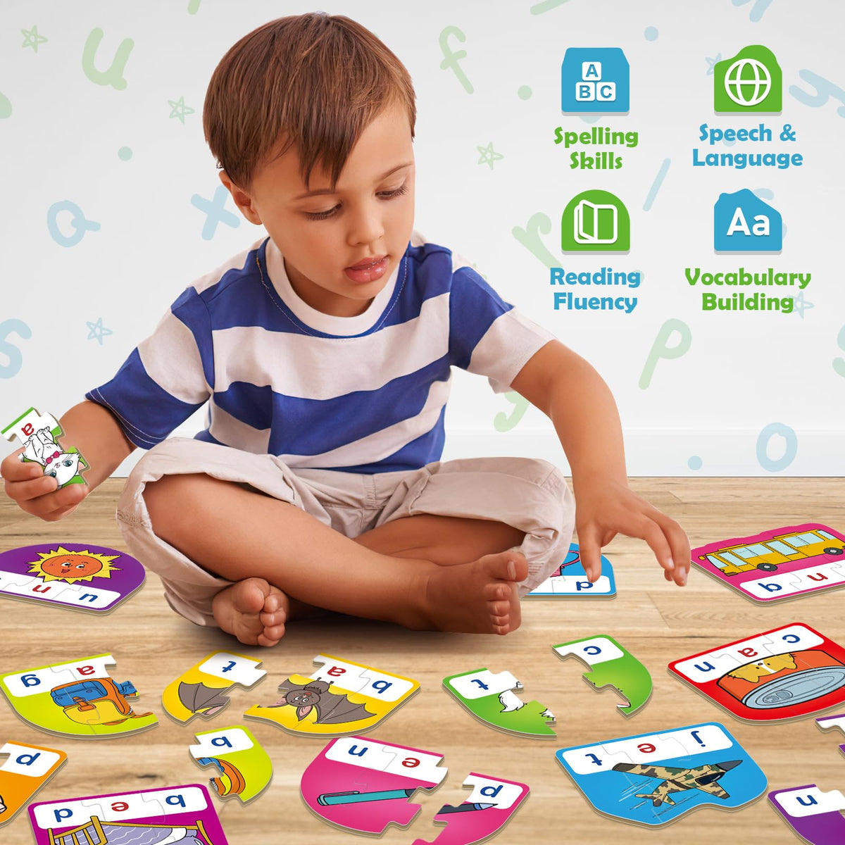HugHush CVC Puzzle Cards — 60 Pieces of 3-Letter Word Games for Reading & Phonics