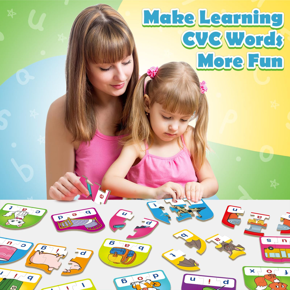 HugHush CVC Puzzle Cards — 60 Pieces of 3-Letter Word Games for Reading & Phonics