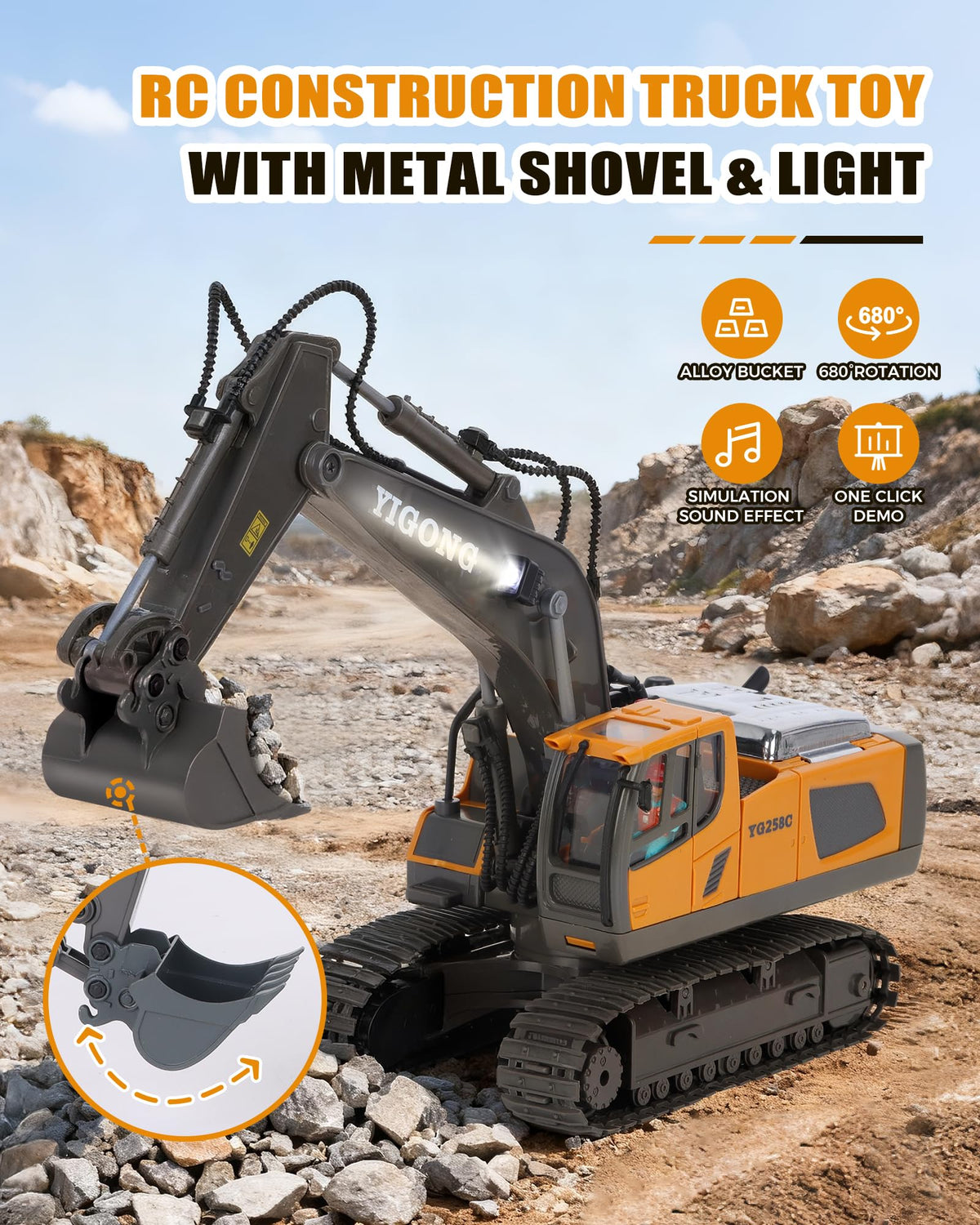 HuiJuKeJi 11-Channel RC Excavator Toy – 680° Rotation, Metal Shovel, Lights & Sounds