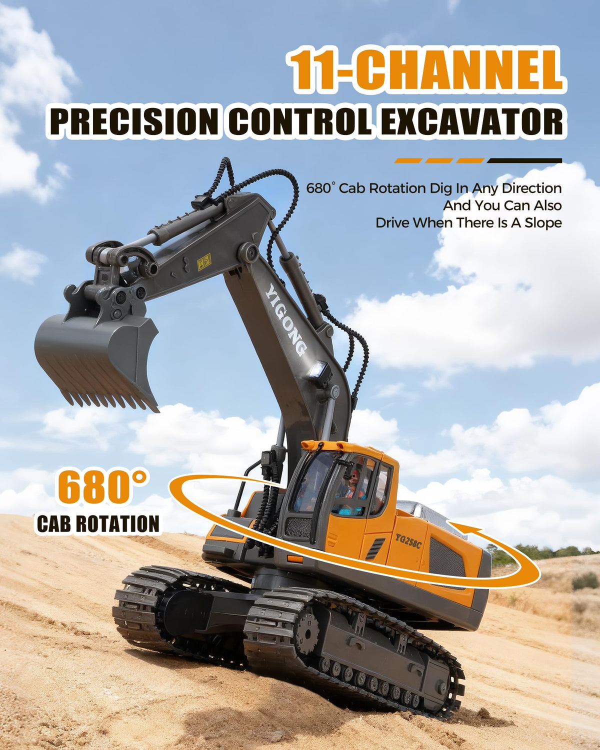 HuiJuKeJi 11-Channel RC Excavator Toy – 680° Rotation, Metal Shovel, Lights & Sounds