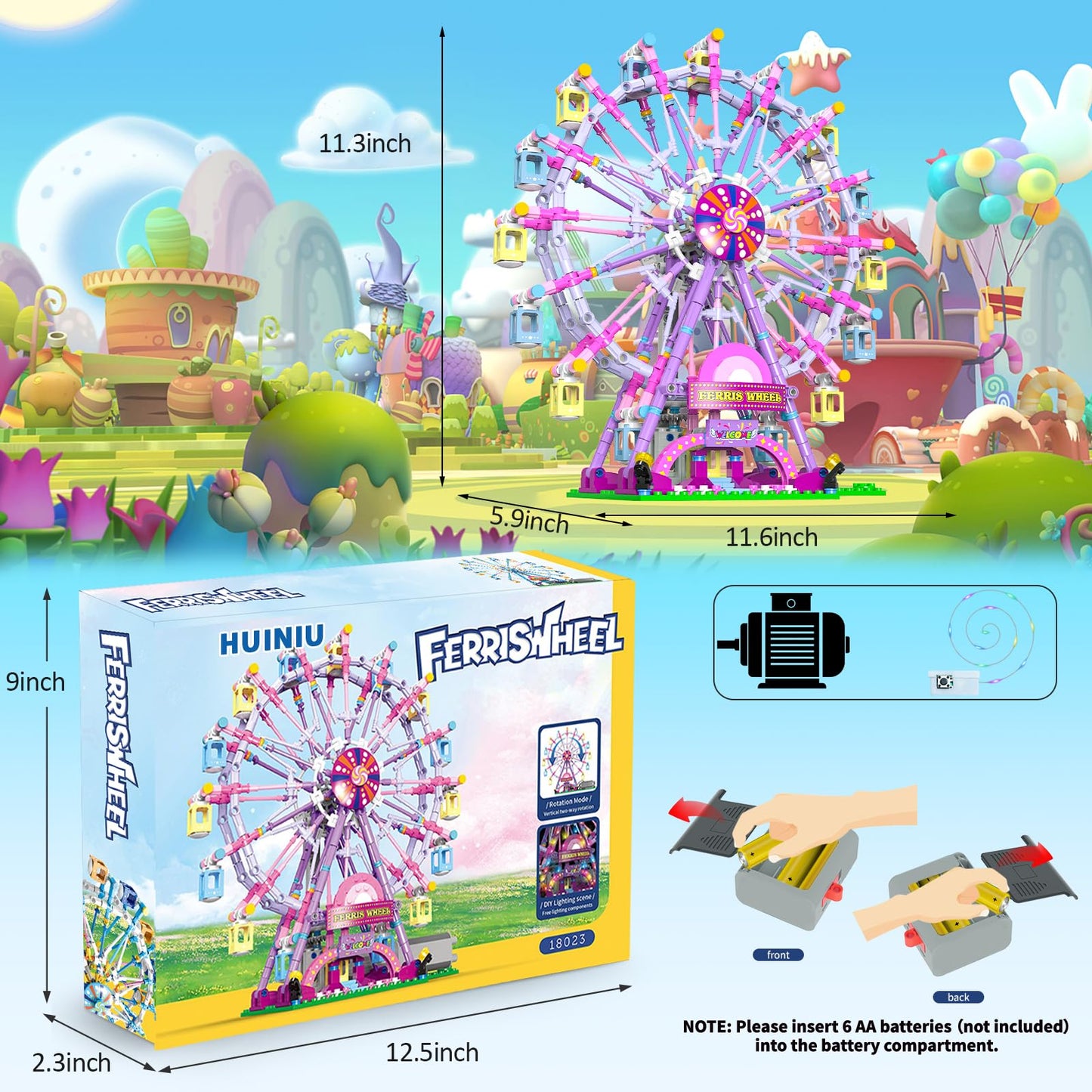 HuiNiu Ferris Wheel Building Block Set with Fairy Light – 813 Pieces, Two-Way Rotating Amusement Park Kit for Ages 8-13