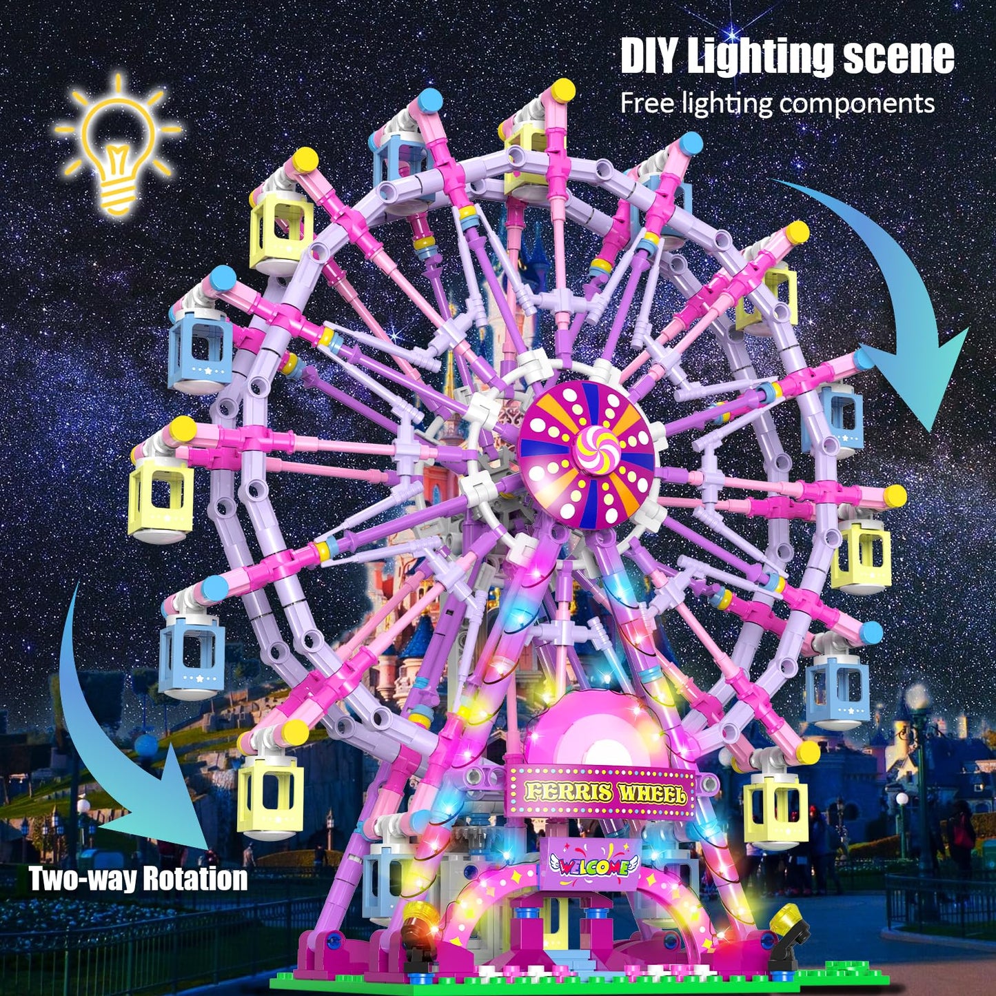 HuiNiu Ferris Wheel Building Block Set with Fairy Light – 813 Pieces, Two-Way Rotating Amusement Park Kit for Ages 8-13