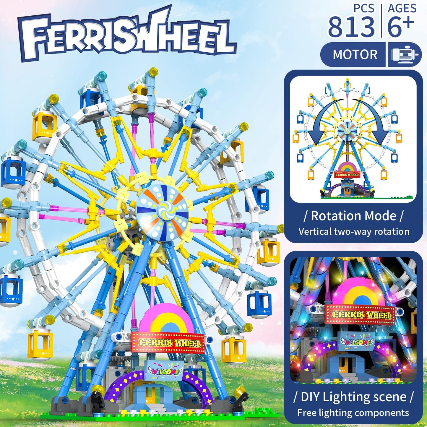 HuiNiu 2026 Ferris Wheel Building Set with Fairy Light | 813 PCS, Two-Way Rotation, Amusement Park Model Kit for Ages 8+