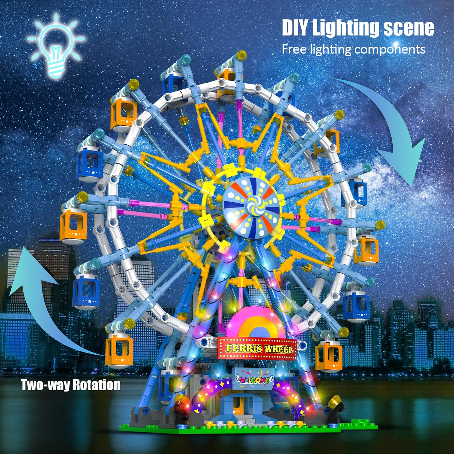 HuiNiu 2026 Ferris Wheel Building Set with Fairy Light | 813 PCS, Two-Way Rotation, Amusement Park Model Kit for Ages 8+