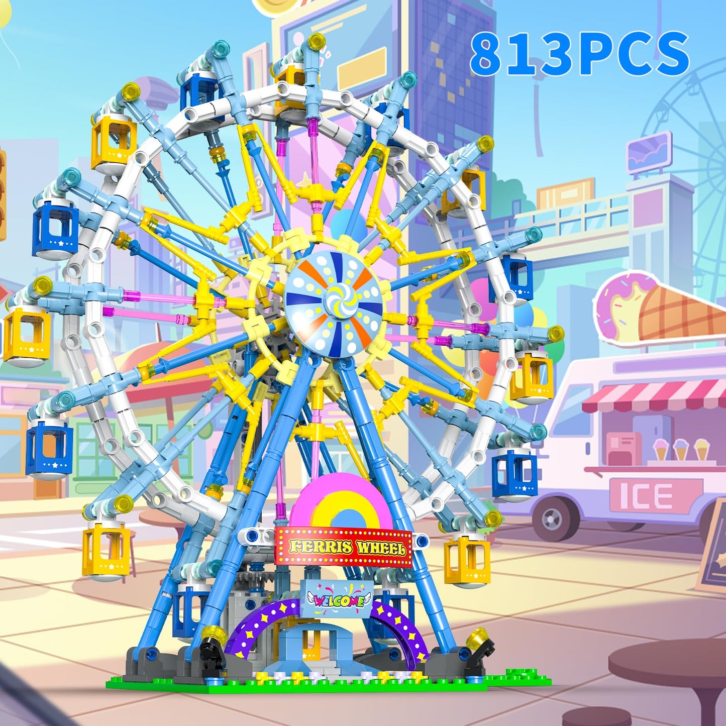 HuiNiu 2026 Ferris Wheel Building Set with Fairy Light | 813 PCS, Two-Way Rotation, Amusement Park Model Kit for Ages 8+