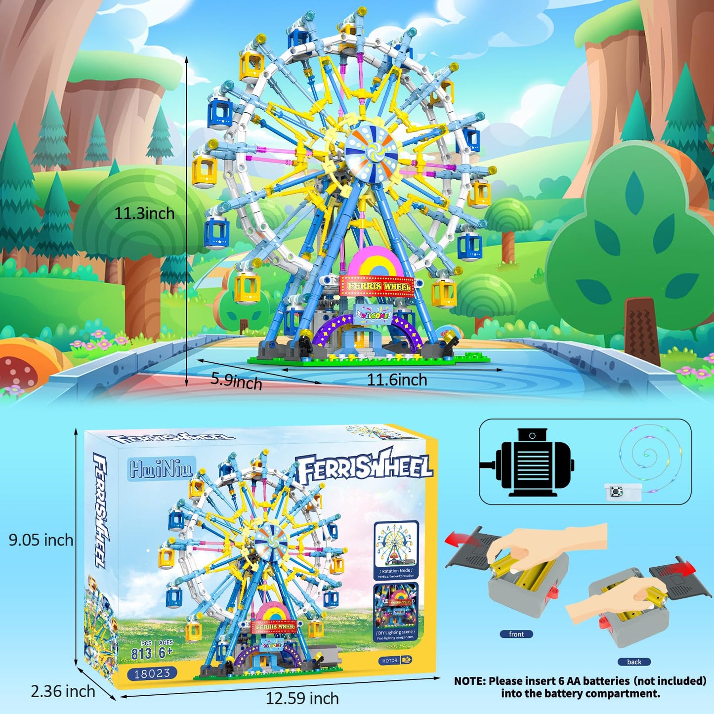 HuiNiu 2026 Ferris Wheel Building Set with Fairy Light | 813 PCS, Two-Way Rotation, Amusement Park Model Kit for Ages 8+