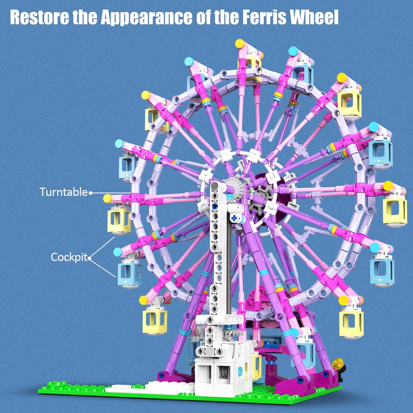 HuiNiu Ferris Wheel Building Block Set with Fairy Light – 813 Pieces, Two-Way Rotating Amusement Park Kit for Ages 8-13