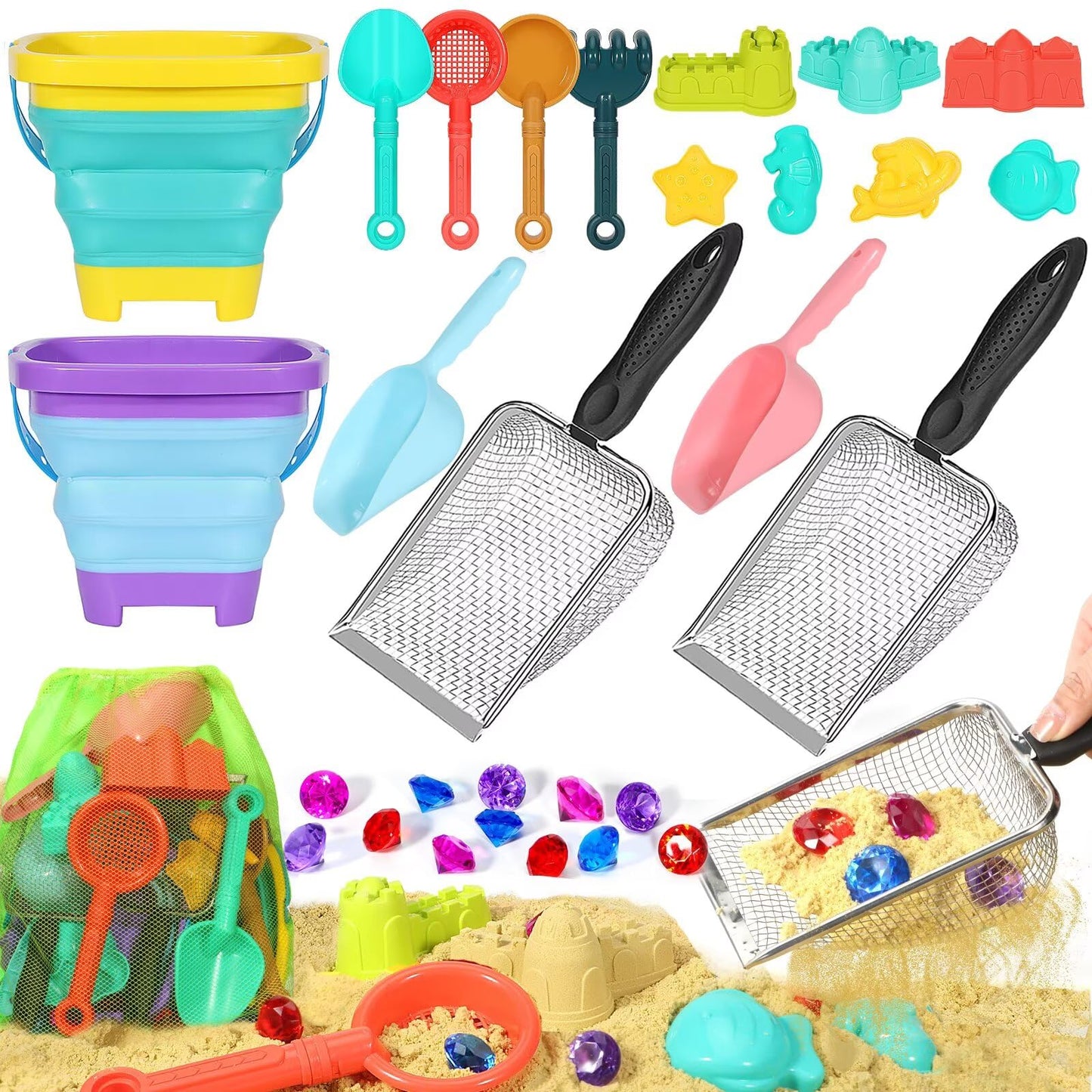 HUITEM Beach Sand Toys for Kids – 19-Piece Set with Collapsible Buckets, Sifters, Shovels, Molds & Mesh Bag